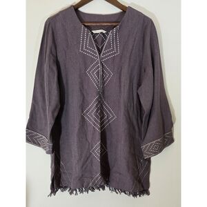 Soft Surroundings Embroidered Top Shirt Sz L fringe bottom Silk Blend